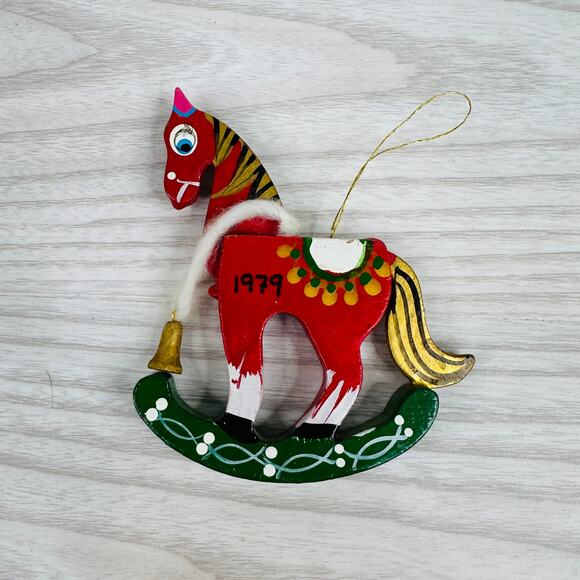Vintage Wooden Rocking Horse Christmas Ornament 3.75" Hand Painted Holiday Decor - Picture 2 of 5